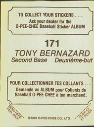 1982 O-Pee-Chee Stickers #171 Tony Bernazard Back