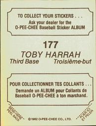 1982 O-Pee-Chee Stickers #177 Toby Harrah Back