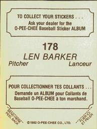 1982 O-Pee-Chee Stickers #178 Len Barker Back