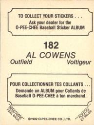 1982 O-Pee-Chee Stickers #182 Al Cowens Back