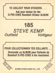 1982 O-Pee-Chee Stickers #185 Steve Kemp Back