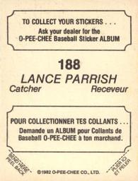 1982 O-Pee-Chee Stickers #188 Lance Parrish Back