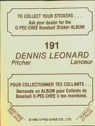 1982 O-Pee-Chee Stickers #191 Dennis Leonard Back