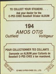 1982 O-Pee-Chee Stickers #194 Amos Otis Back