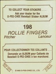 1982 O-Pee-Chee Stickers #198 Rollie Fingers Back