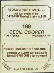 1982 O-Pee-Chee Stickers #199 Cecil Cooper Back