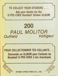 1982 O-Pee-Chee Stickers #200 Paul Molitor Back
