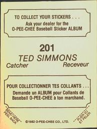 1982 O-Pee-Chee Stickers #201 Ted Simmons Back