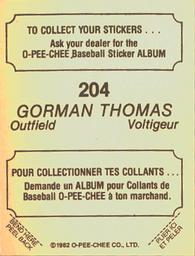 1982 O-Pee-Chee Stickers #204 Gorman Thomas Back