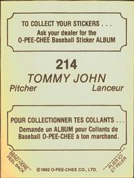 1982 O-Pee-Chee Stickers #214 Tommy John Back