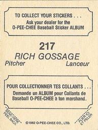 1982 O-Pee-Chee Stickers #217 Rich Gossage Back