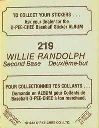 1982 O-Pee-Chee Stickers #219 Willie Randolph Back