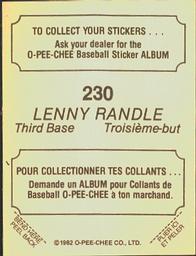 1982 O-Pee-Chee Stickers #230 Len Randle Back