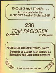 1982 O-Pee-Chee Stickers #236 Tom Paciorek Back