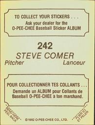 1982 O-Pee-Chee Stickers #242 Steve Comer Back