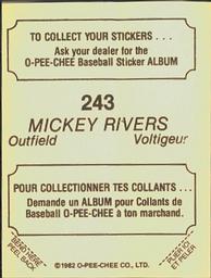 1982 O-Pee-Chee Stickers #243 Mickey Rivers Back