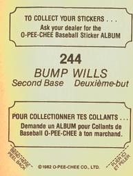 1982 O-Pee-Chee Stickers #244 Bump Wills Back