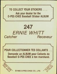 1982 O-Pee-Chee Stickers #247 Ernie Whitt Back