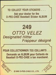 1982 O-Pee-Chee Stickers #249 Otto Velez Back