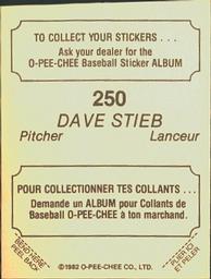 1982 O-Pee-Chee Stickers #250 Dave Stieb Back