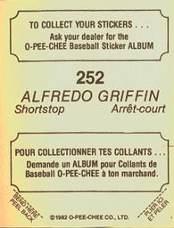 1982 O-Pee-Chee Stickers #252 Alfredo Griffin Back