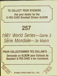 1982 O-Pee-Chee Stickers #257 1981 World Series Game 3 Back