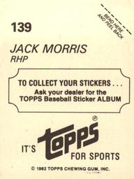 1982 Topps Stickers #139 Jack Morris Back