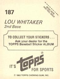 1982 Topps Stickers #187 Lou Whitaker Back