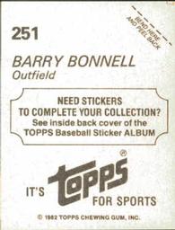 1982 Topps Stickers #251 Barry Bonnell Back