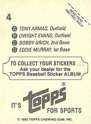 1982 Topps Stickers #4 Tony Armas / Dwight Evans / Bobby Grich / Eddie Murray Back