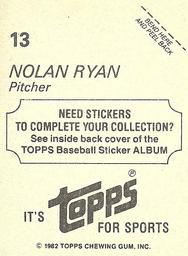 1982 Topps Stickers #13 Nolan Ryan Back
