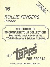 1982 Topps Stickers #16 Rollie Fingers Back
