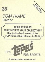 1982 Topps Stickers #38 Tom Hume Back