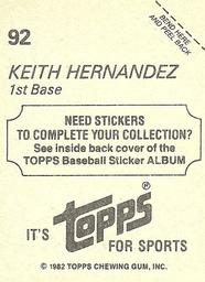 1982 Topps Stickers #92 Keith Hernandez Back