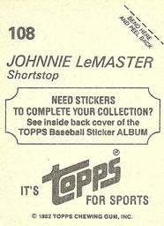 1982 Topps Stickers #108 Johnnie LeMaster Back