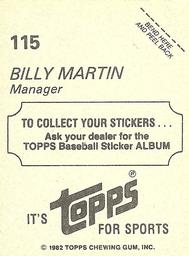 1982 Topps Stickers #115 Billy Martin Back