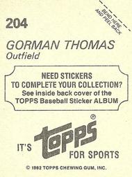 1982 Topps Stickers #204 Gorman Thomas Back