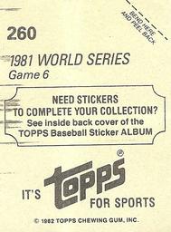 1982 Topps Stickers #260 1981 World Series Game 6 Back