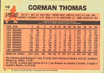 1983 O-Pee-Chee #10 Gorman Thomas Back
