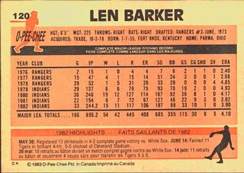 1983 O-Pee-Chee #120 Len Barker Back