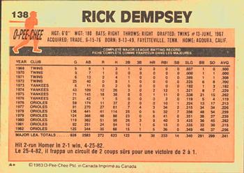 1983 O-Pee-Chee #138 Rick Dempsey Back