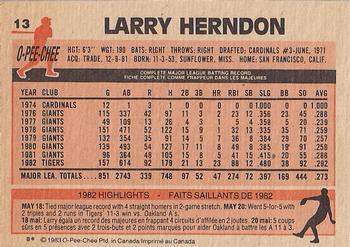 1983 O-Pee-Chee #13 Larry Herndon Back