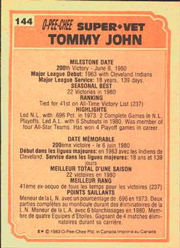 1983 O-Pee-Chee #144 Tommy John Back