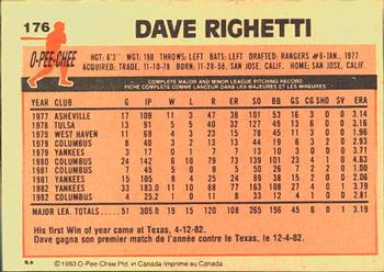 1983 O-Pee-Chee #176 Dave Righetti Back