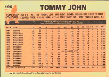 1983 O-Pee-Chee #196 Tommy John Back