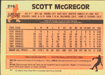 1983 O-Pee-Chee #216 Scott McGregor Back