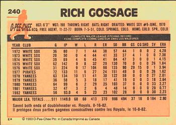 1983 O-Pee-Chee #240 Rich Gossage Back