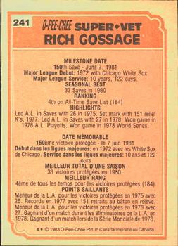 1983 O-Pee-Chee #241 Rich Gossage Back