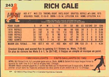 1983 O-Pee-Chee #243 Rich Gale Back