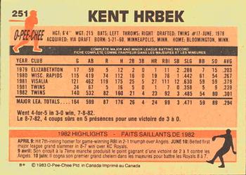 1983 O-Pee-Chee #251 Kent Hrbek Back